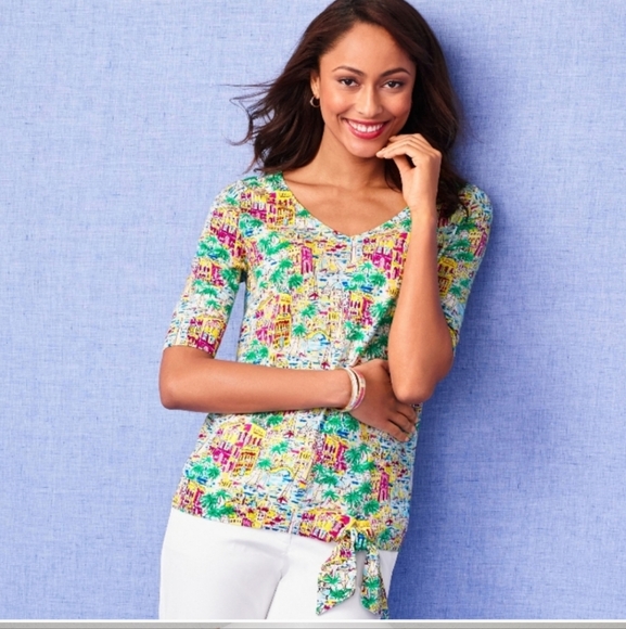 Talbots‎ Women's Santorini Greece Print Cotton Top Short Sleeve V-Neck Tie Hem S - Picture 1 of 7